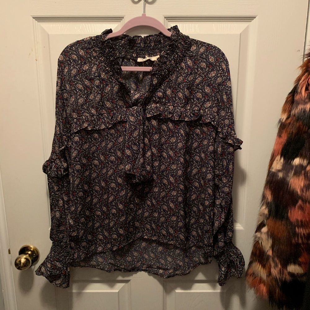 Long Sleeve Paisley Navy Shirt w/ Ruffles